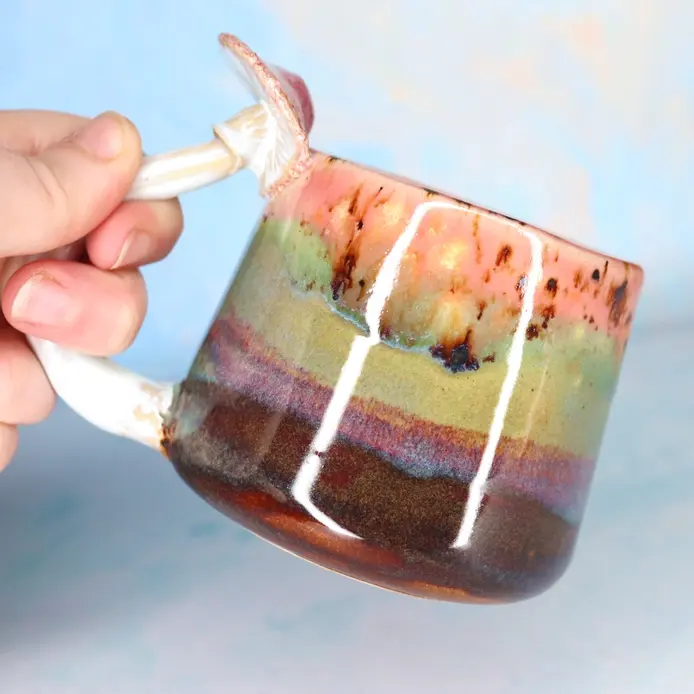 Thumbnail: Rainbow glazing pottery.  Whimsical, magical colourful mug. Stoneware cup witchy, magic, nature