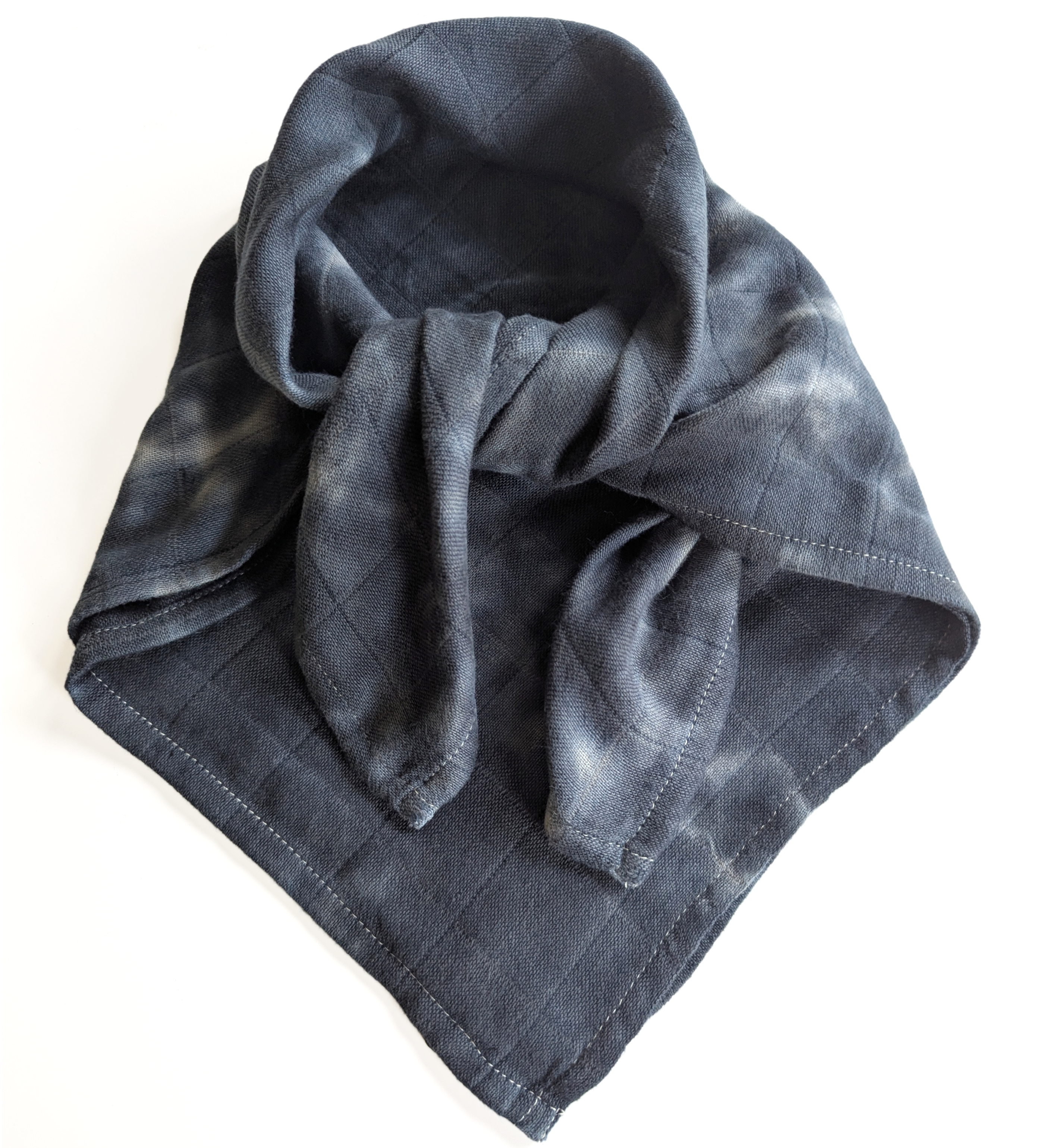A hand dyed square scarf in dark charcoal and blue black tie dye pattern. A gothic, dark romantic neckerchief neck scarf