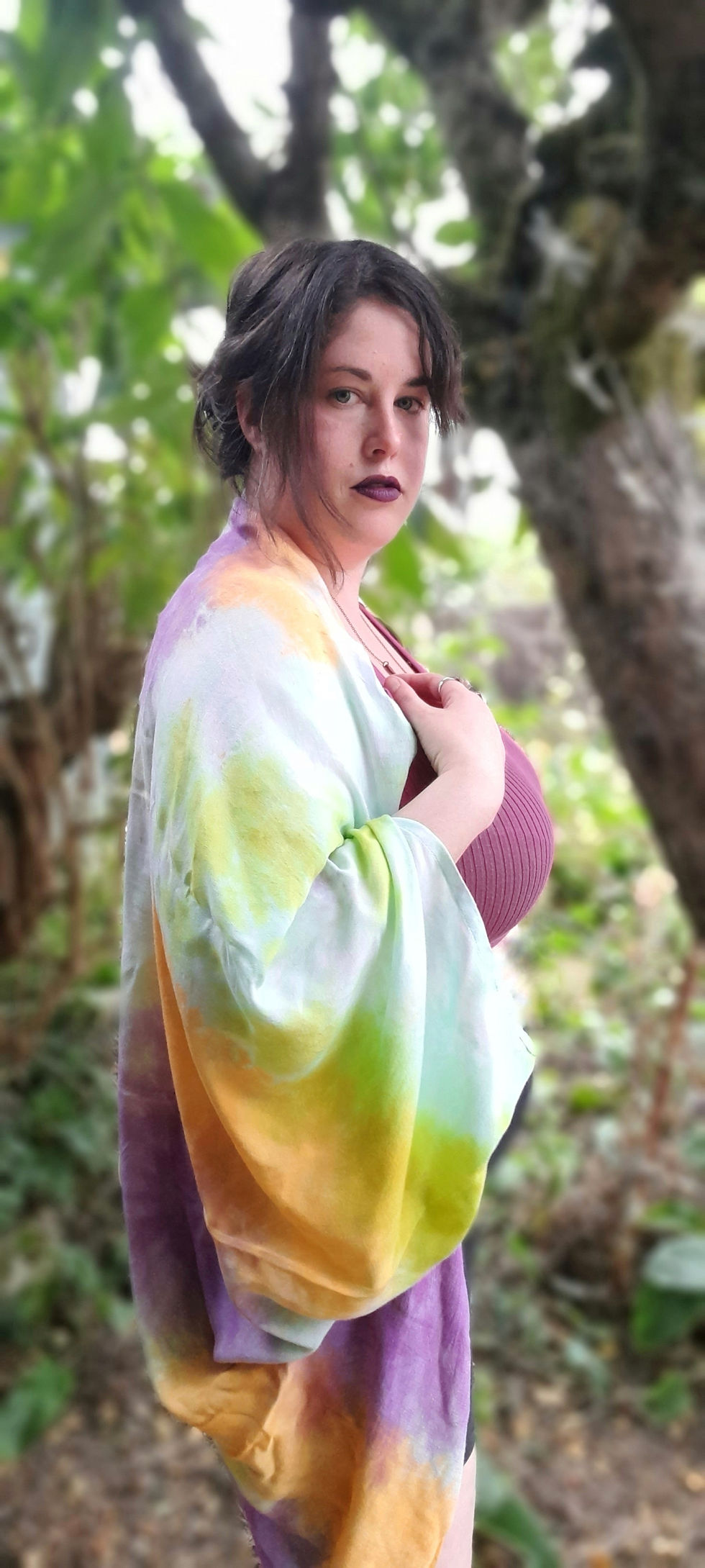 Thumbnail: Cocoon top drapey rayon fabric.  Tie dye, dip dyed, psychedelic colours, hippie clothing, festival style, purple green orange