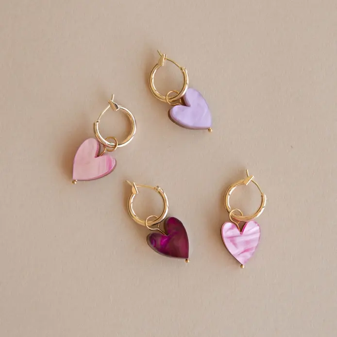 Thumbnail: Colours available in Love Grows earrings by Pepper You.  Red, lilac, pink romantic jewellery for Valentines day, love themed