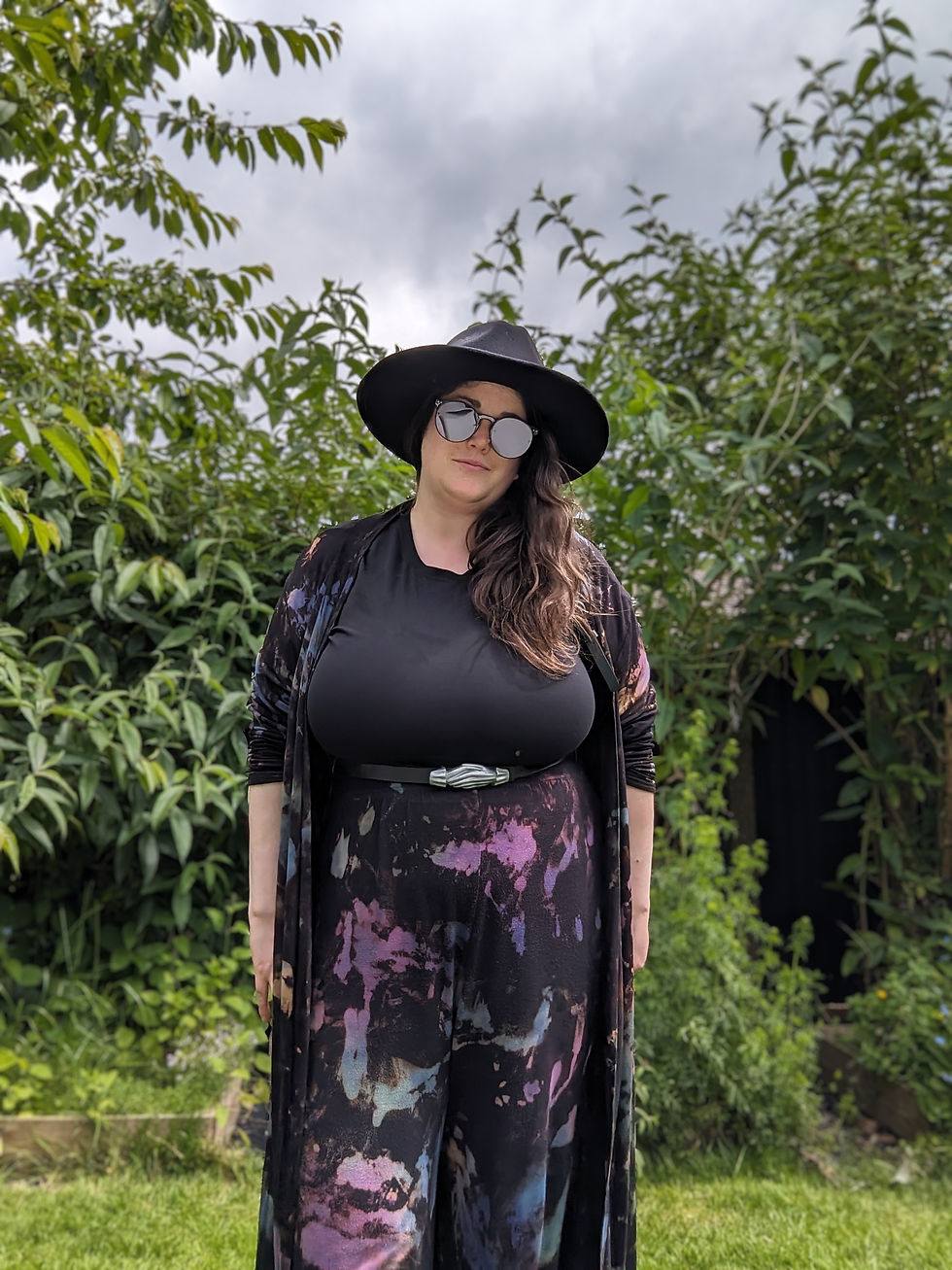 Thumbnail: Western gothic styled outfit with Loulabelle Couture Western Duster, Riviera Trousers and Lively ghosts harness goth style