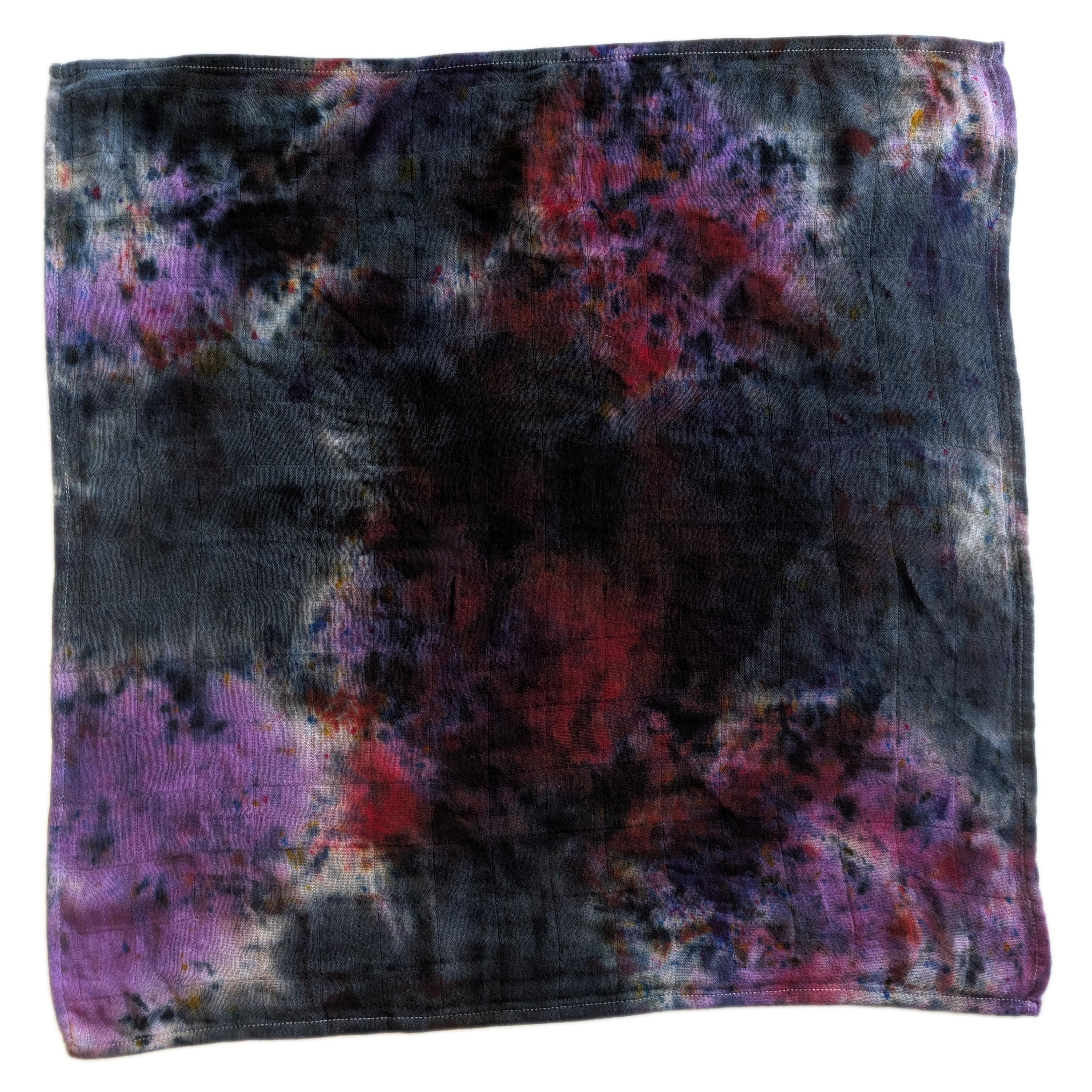 A lightweight woven square scarf hand dyed in a tie dye pattern of purple, black & red gothic dip dye.  Dark romantic grunge