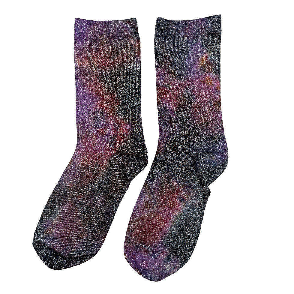 Tie dye glitter socks in red, purple & black in a gothic dip dye pattern. Witchy, goth ankle socks