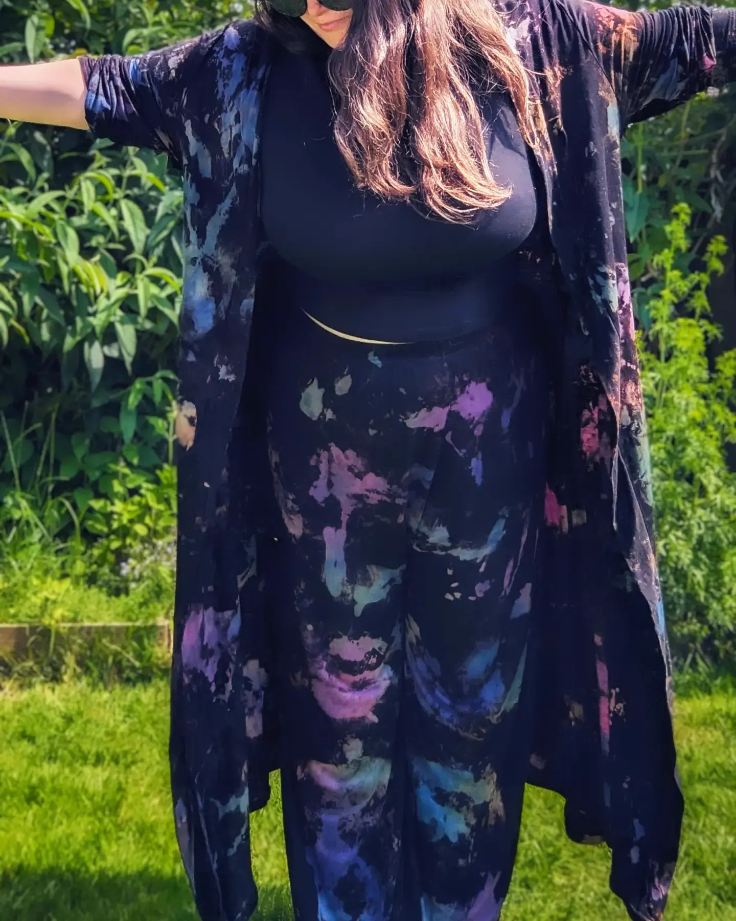 Loulabelle Couture gothic, witchy Western Duster & Riviera Trousers in a punk purple, blue, teal, black tie dye pattern