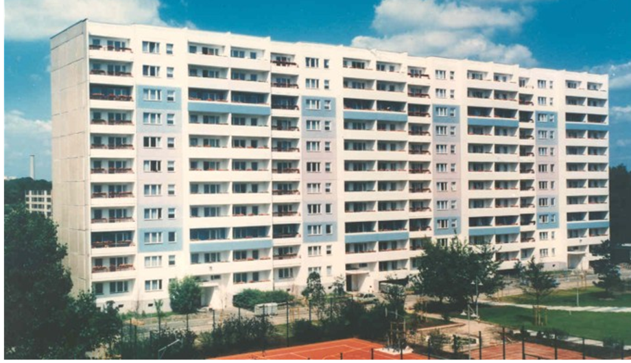 Pictured: An example of a renovated apartment block. As part of reunification, money went towards renovating East German infrastructure, such as housing.
