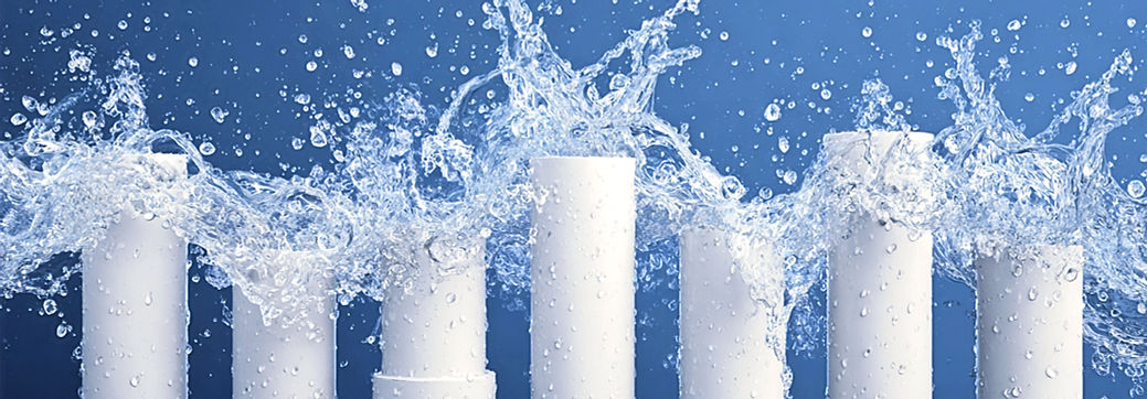 Inszenierte Aufnahme auf blauem Hintergrund: Eine Reihe weißer Rohre wird von Wasser übergossen.