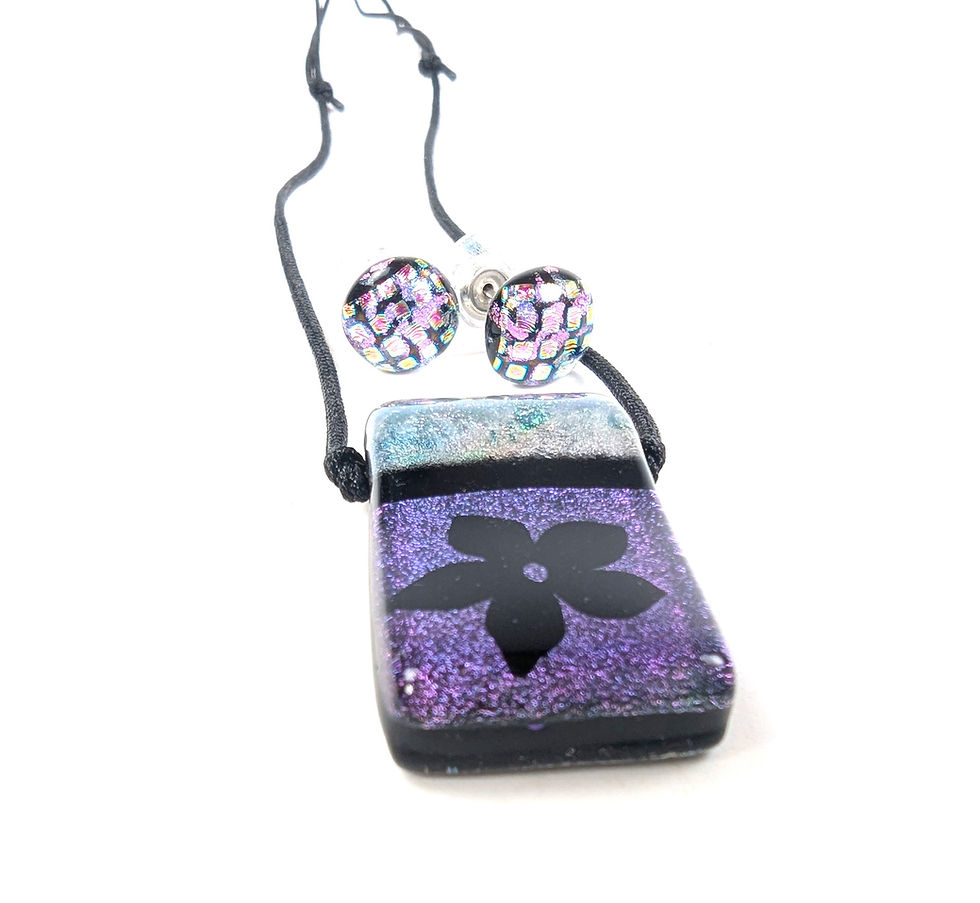 Thumbnail: Dichroic Glass Pendant 1.5 and Earring Set (Purple and Black)CHAIN 17"