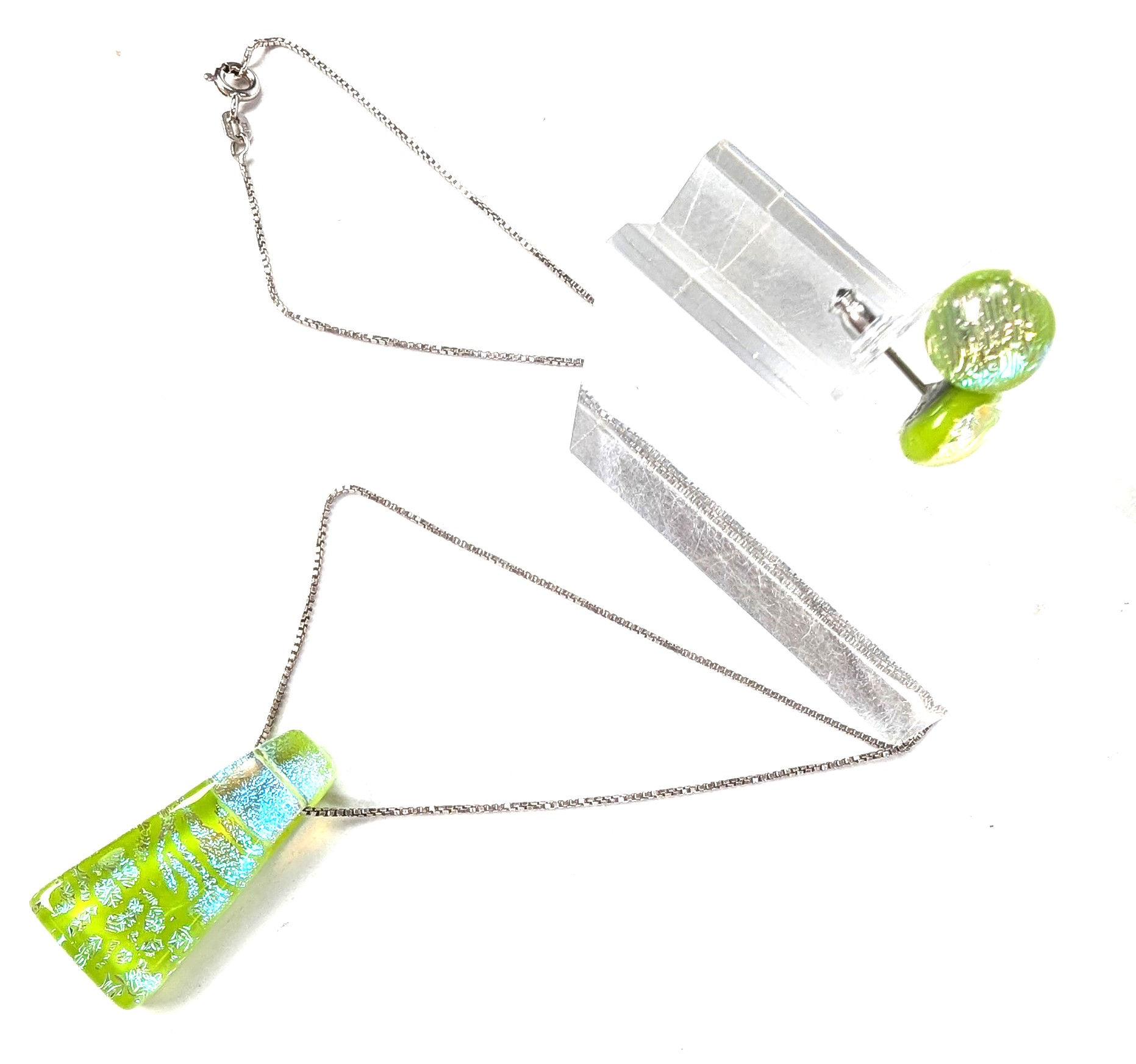 Dichroic Glass Pendant and Earring Set (Yellow Green)1.5 17"chain