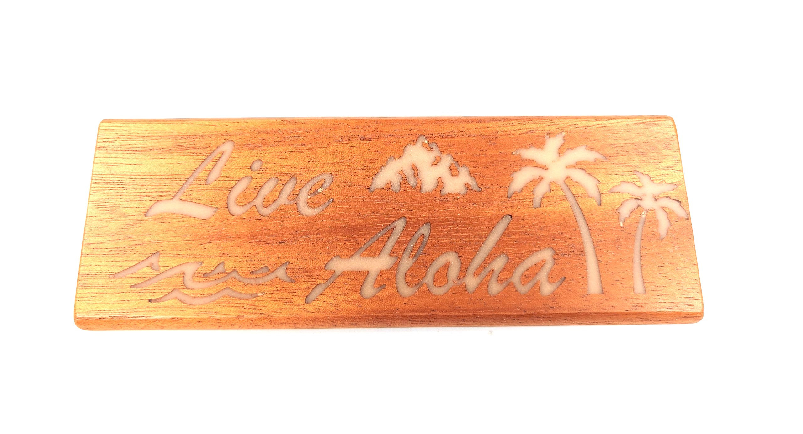 Hawaiian Koa Live Aloha Sign Luminates a soft glow