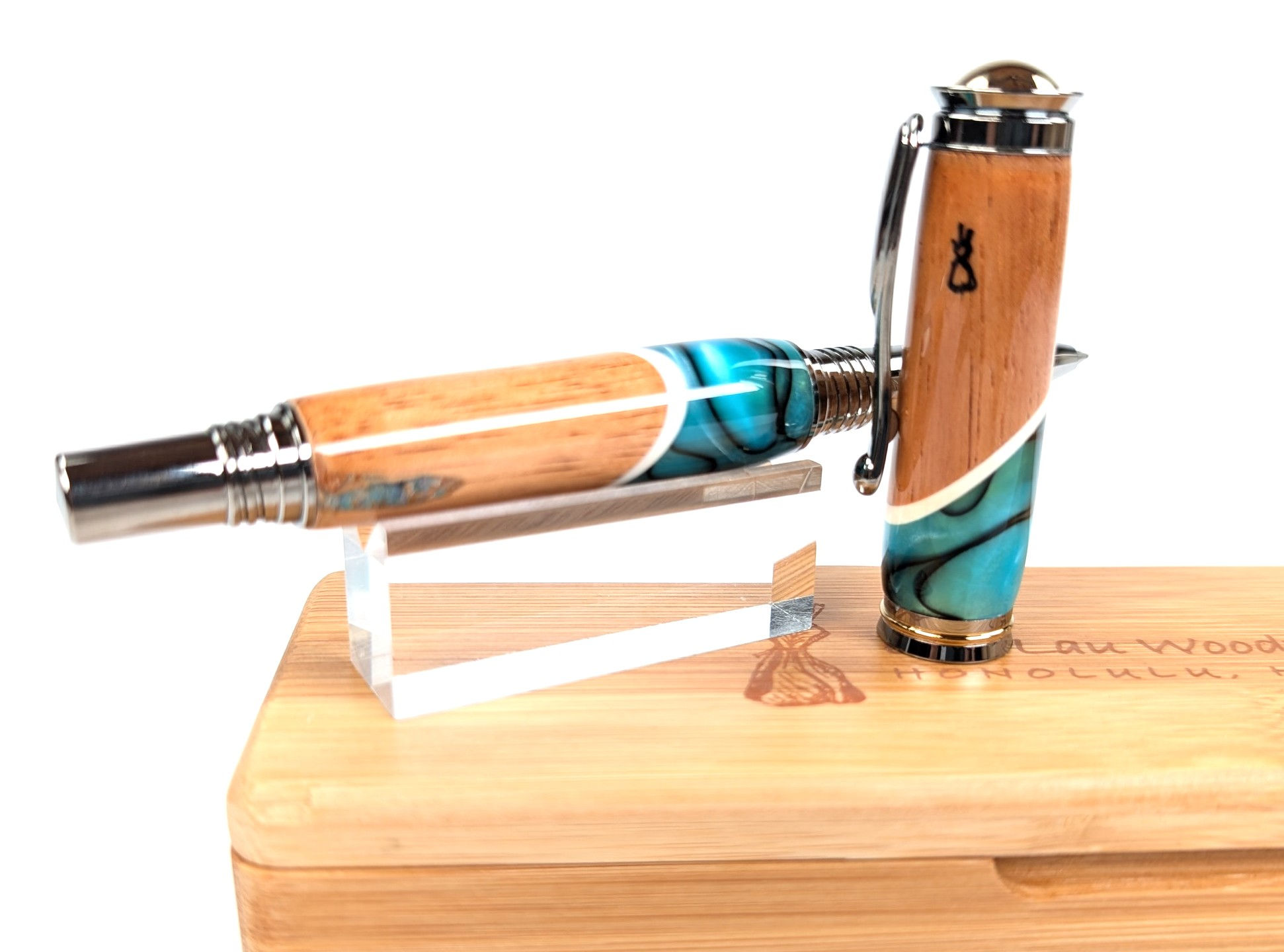 Hawaiian Koa Italian Acrylic Designer Retro Rollerball Pen Opal (Ocean T