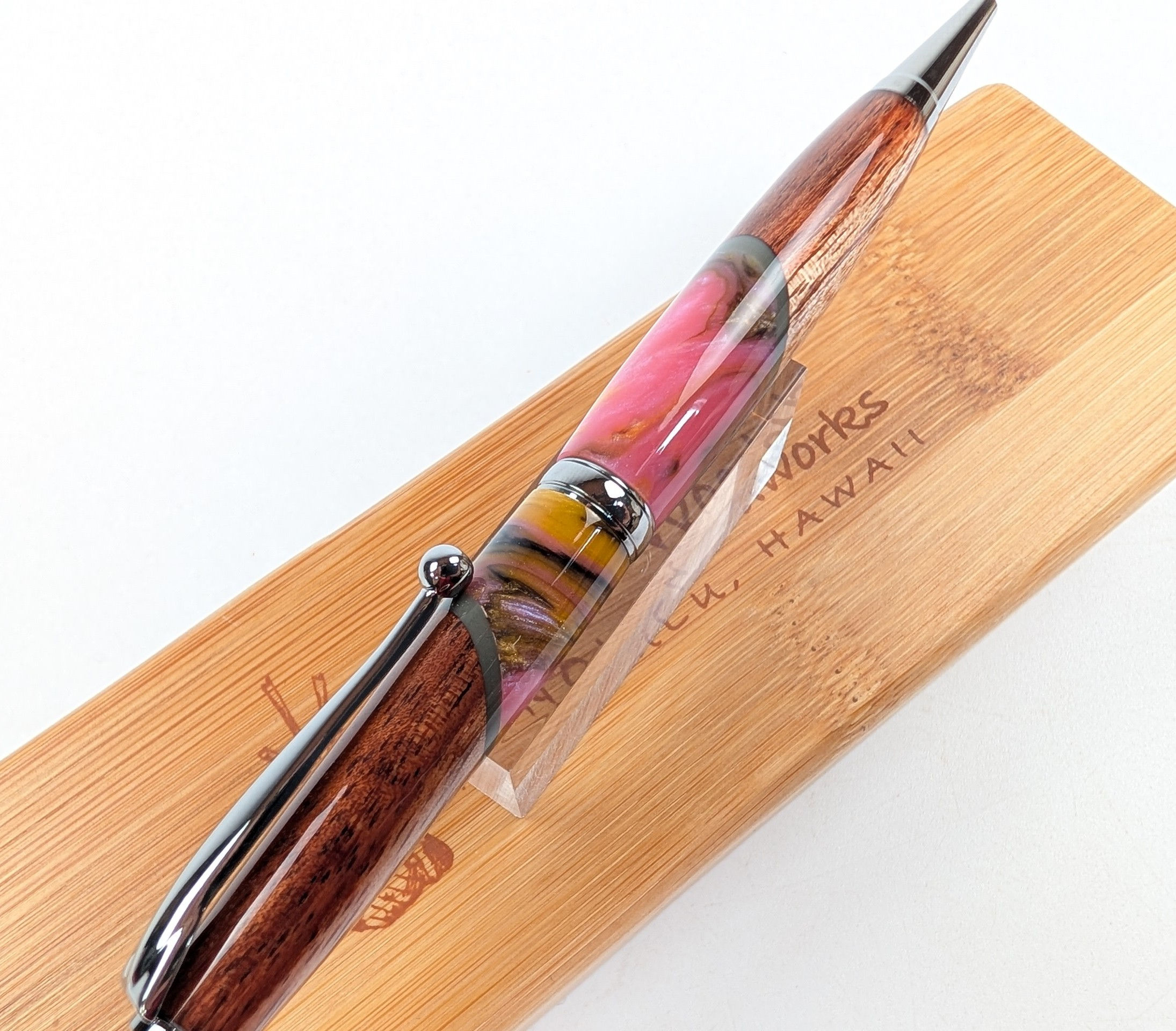 Hawaiian Koa Surfboard Resin Designer Slimline Ballpoint (Pink Gold)