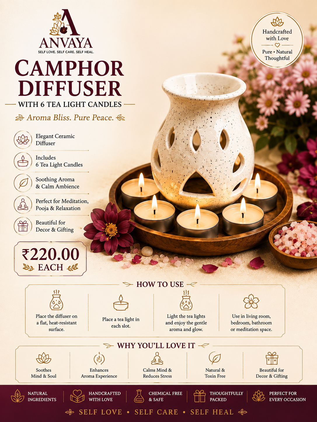 Anvaya Natural Camphor Diffuser with 6 Tea Light Candles