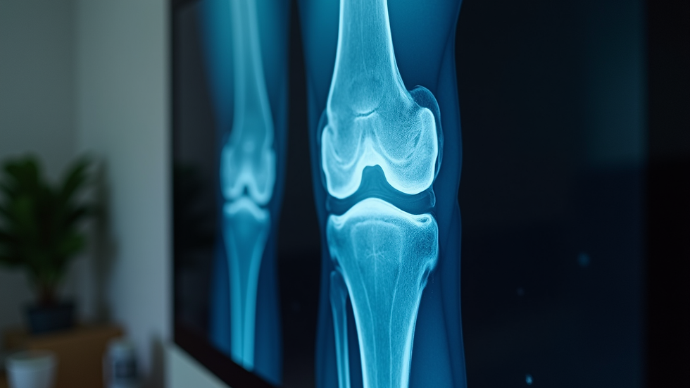 Close-up view of knee joint X-ray image on computer screen