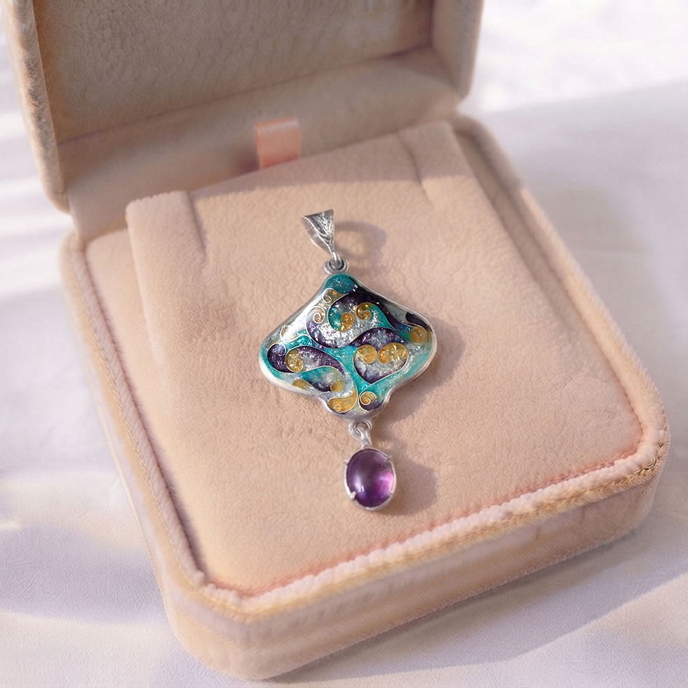 Thumbnail: georgianenamel jewel, Amethyst pendant, Amethyst enamel, Amethyst cloisonne, Amethyst cabochone, cloisonne enamel,