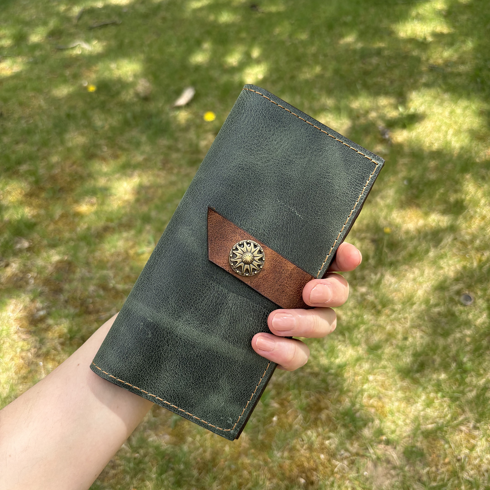 Dusty green baroque, filigree ornaments, embossed bifold cowhide leather wallet