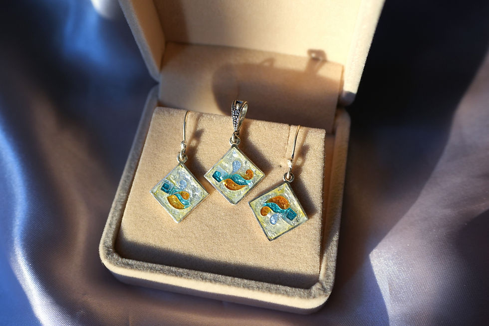 Handmade Cloisonne Enamel Sterling Silver Jewelry Set: Dangle Earrings & Pendant