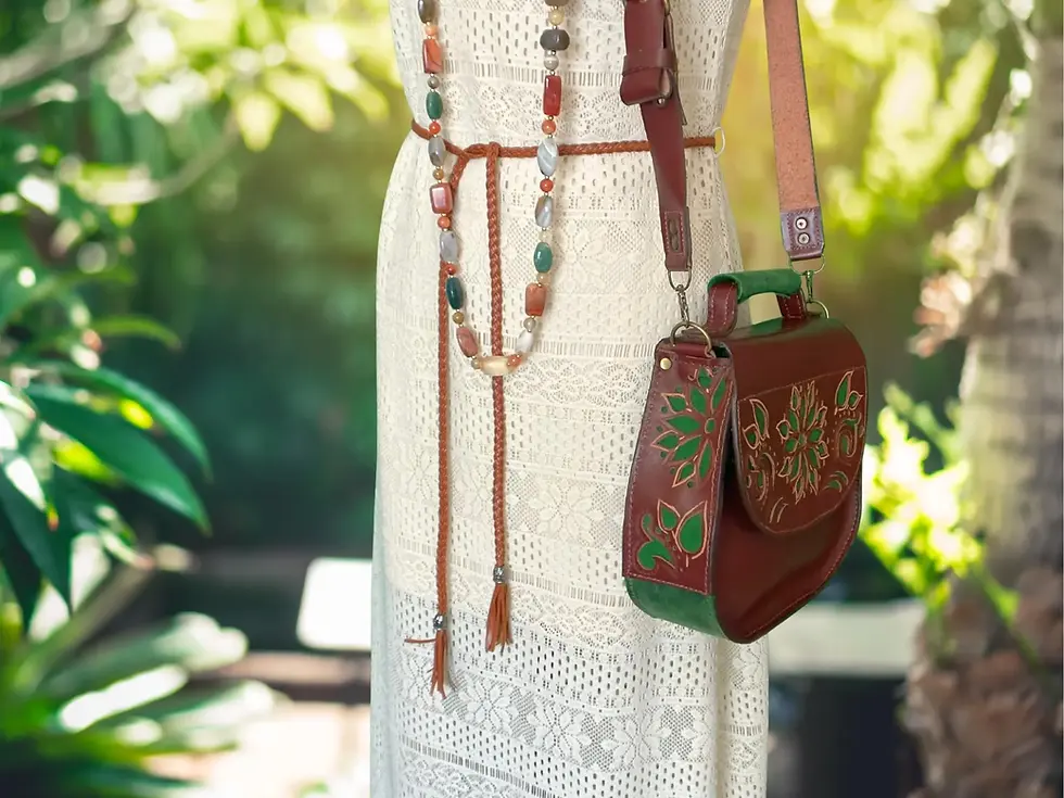 Thumbnail: Handmade Deep Carved Leather Crossbody Bag with Purse, Filigree ornaments design