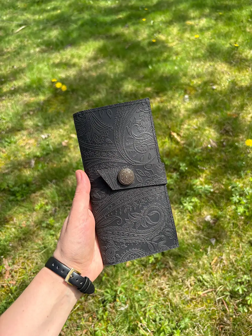 Black Baroque, filigree ornaments, black embossed bifold cowhide leather wallet