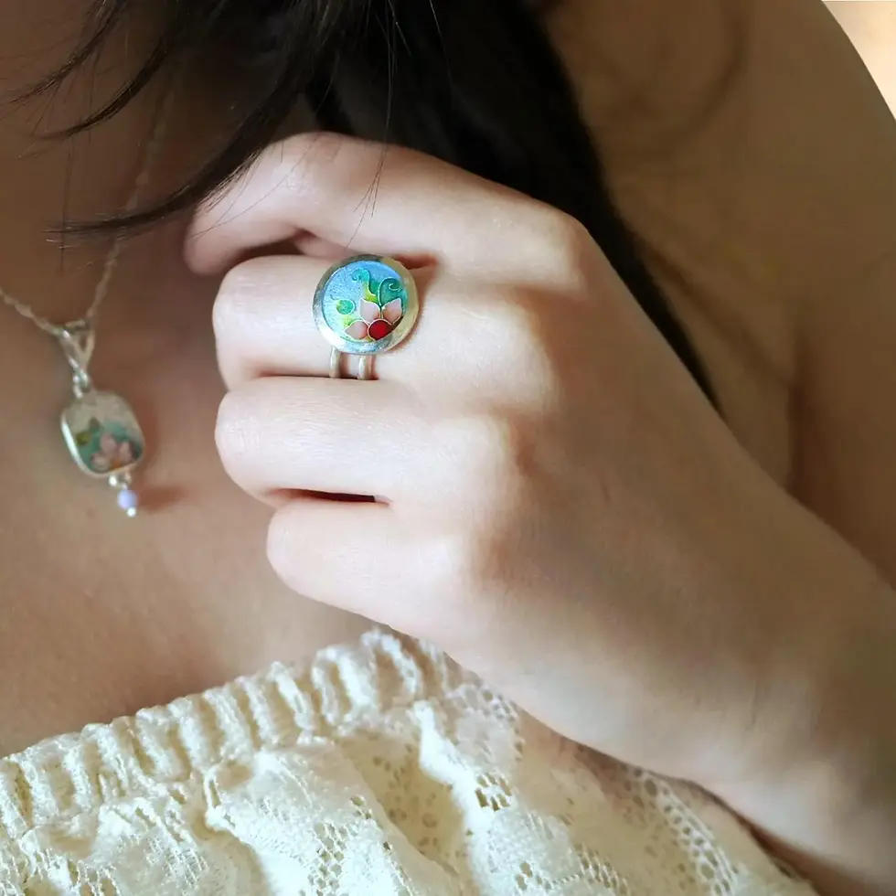 Thumbnail: cloisonne ring, adjustable ring, silver ring, Sterling silver ring, flower ring,