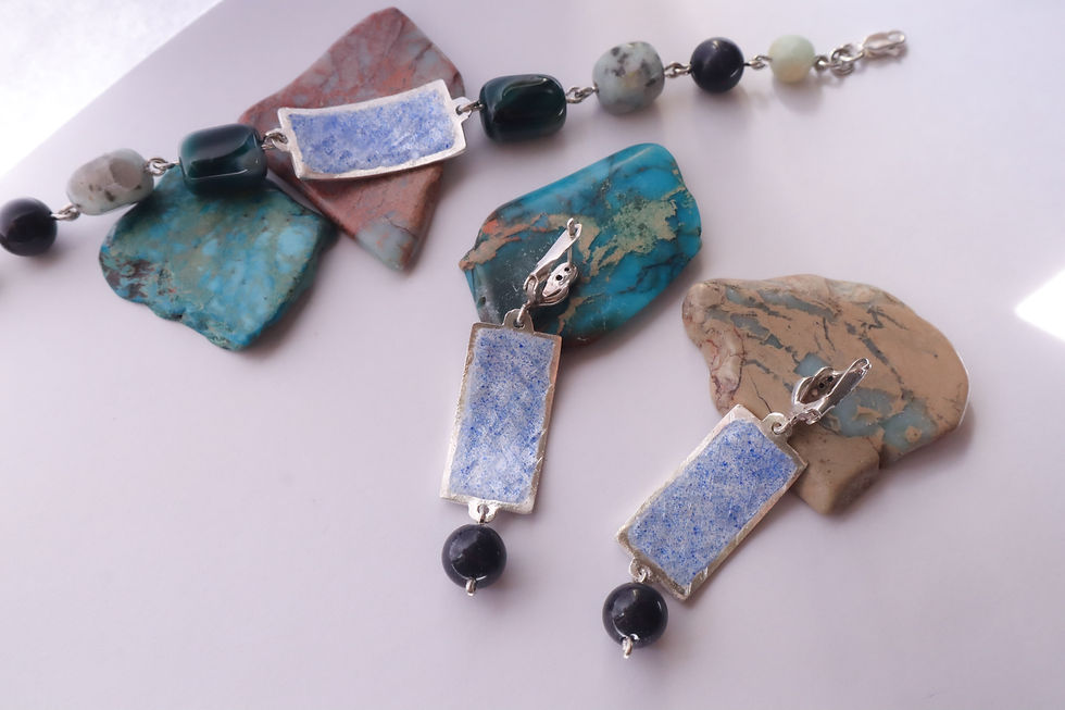 Thumbnail: Silver Cloisonne Enamel Ornament Set. Earrings & Bracelet with Gemstones