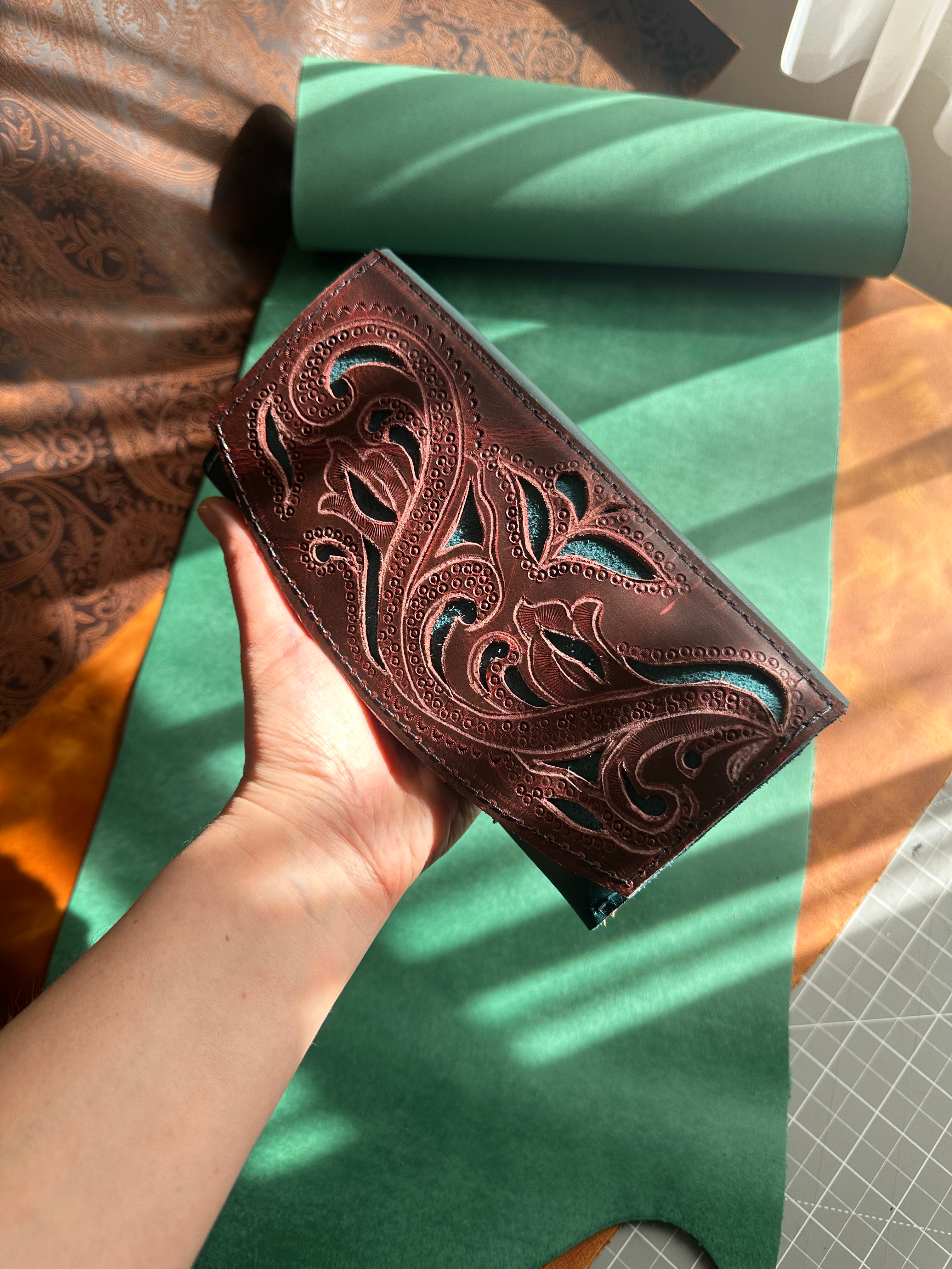 Hand Tooled Deep Carved Burgundy full size women’s wallet