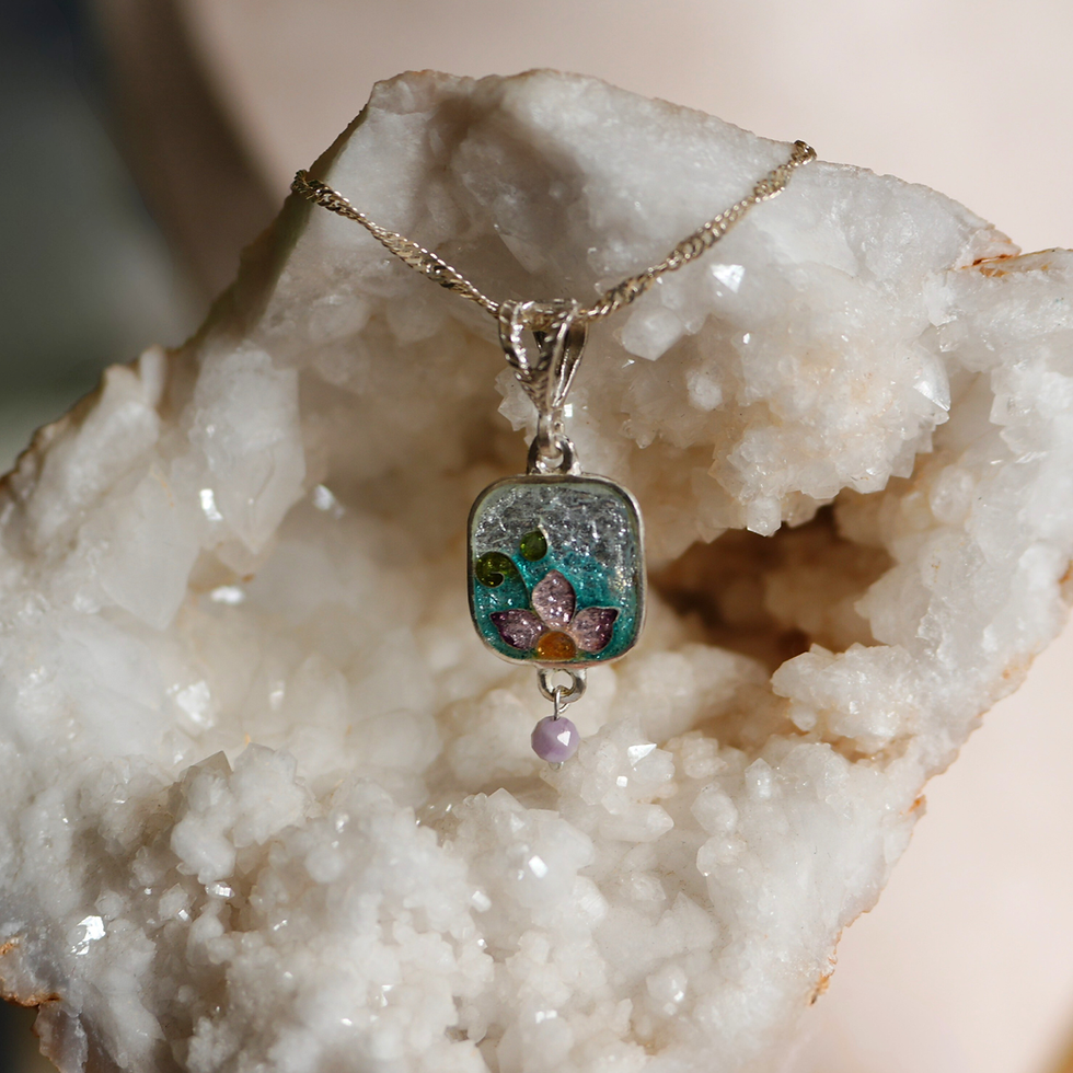 Thumbnail: Handmade Silver Cloisonne Enamel Pendant. Flower design with Gemstone.