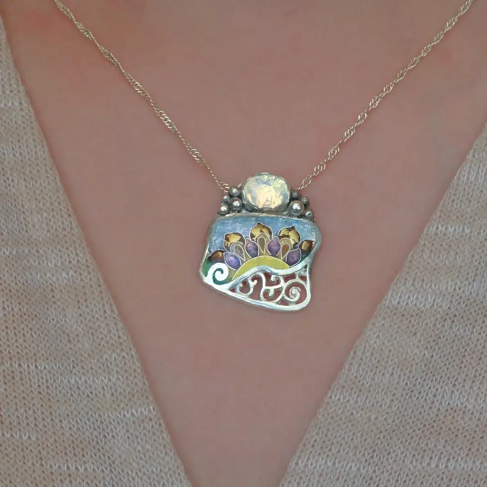 Cloisonne Enamel Sunflower / Mandala Pendant,  Opalite gemstone, 18K Gold Leaf