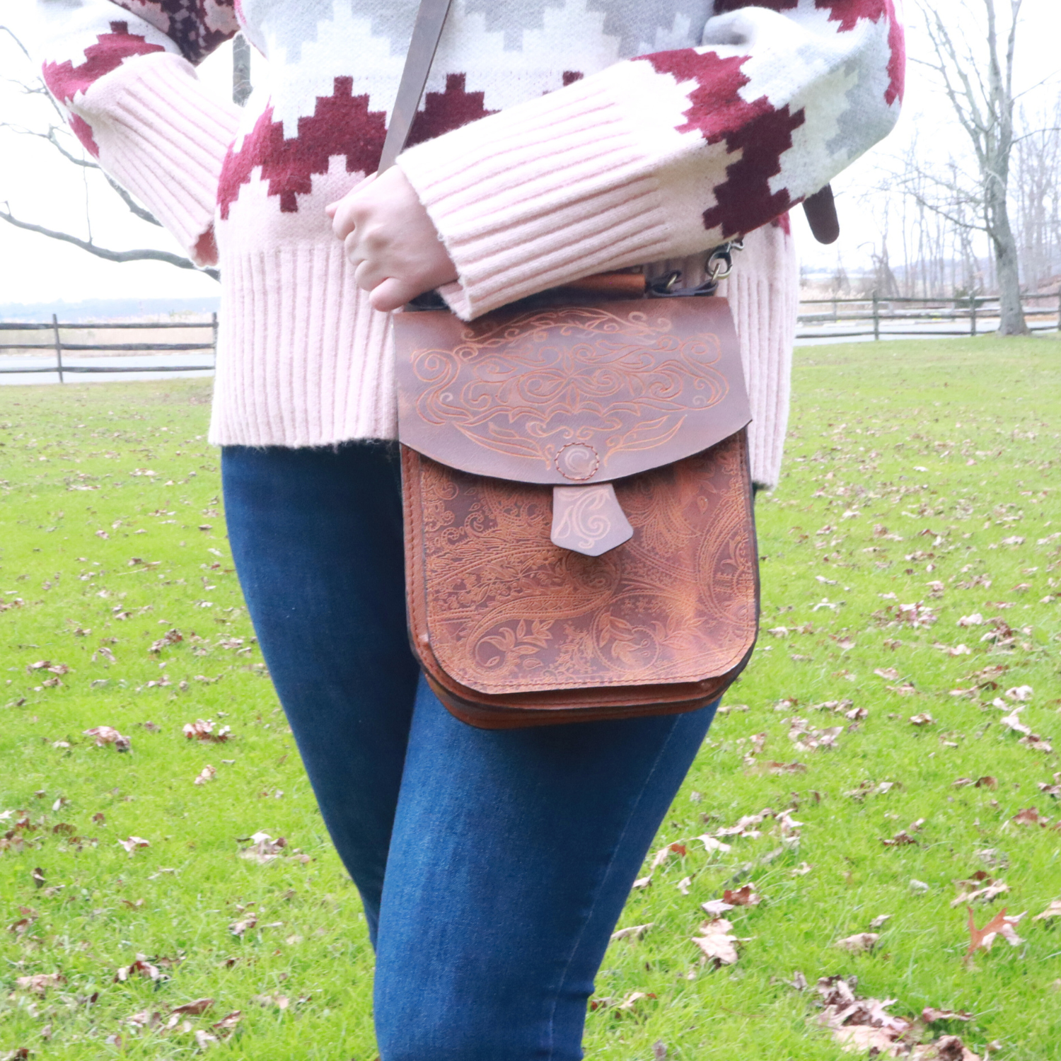 Handmade Deep Carved Leather Crossbody / Shoulder Bag, Full Grain Cowhide, Free