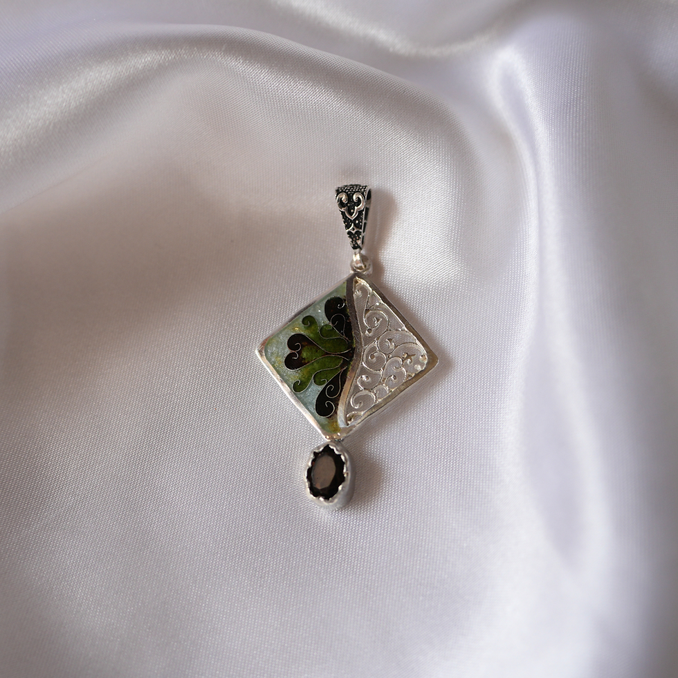 Thumbnail: Handmade Cloisonne Enamel Pendant with Smoky Quartz Gemstone. Filigree Ornaments. Fine silver