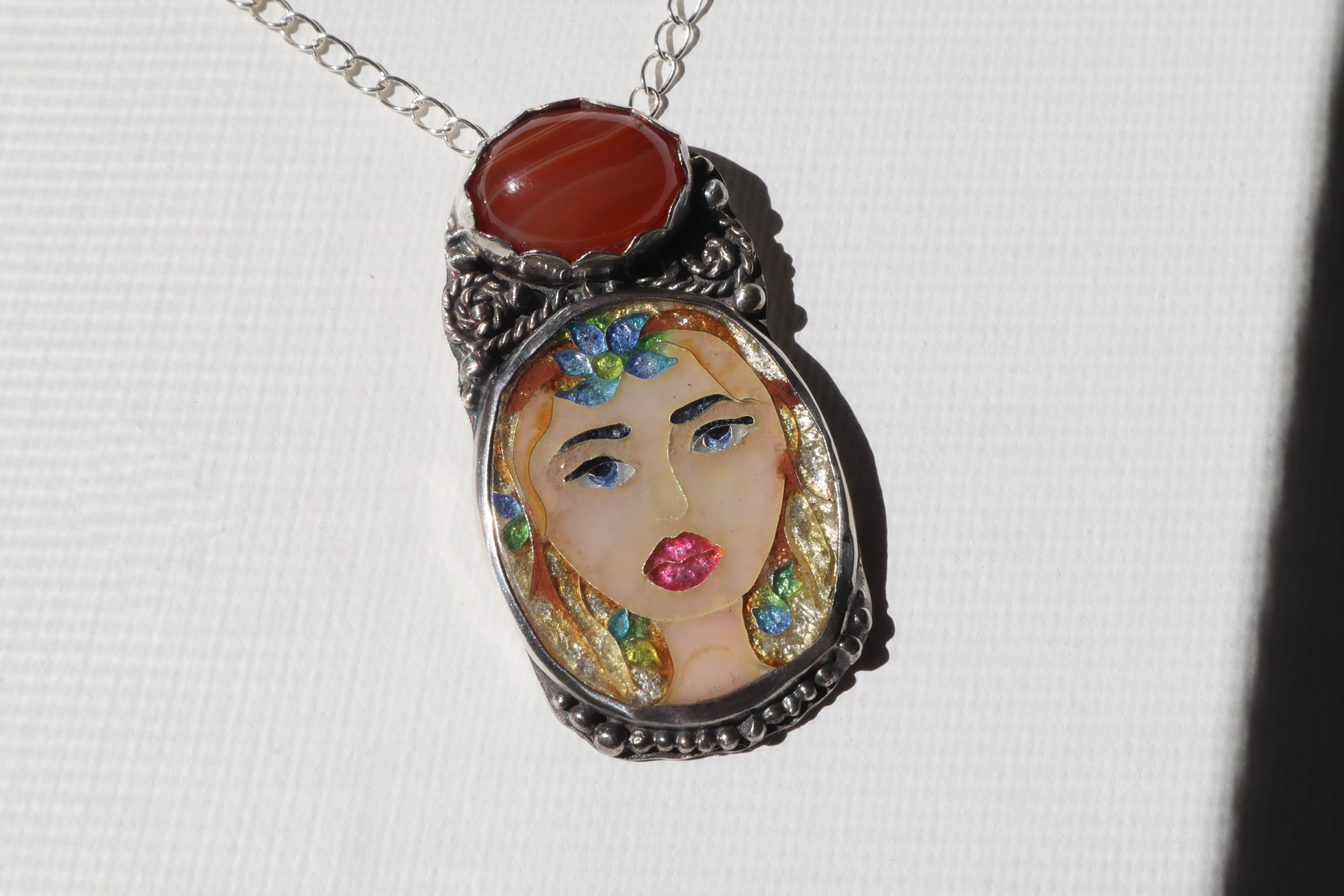 Georgian cloisonne enamel Pendant/Necklace, Young Woman and Red Orange Agate.