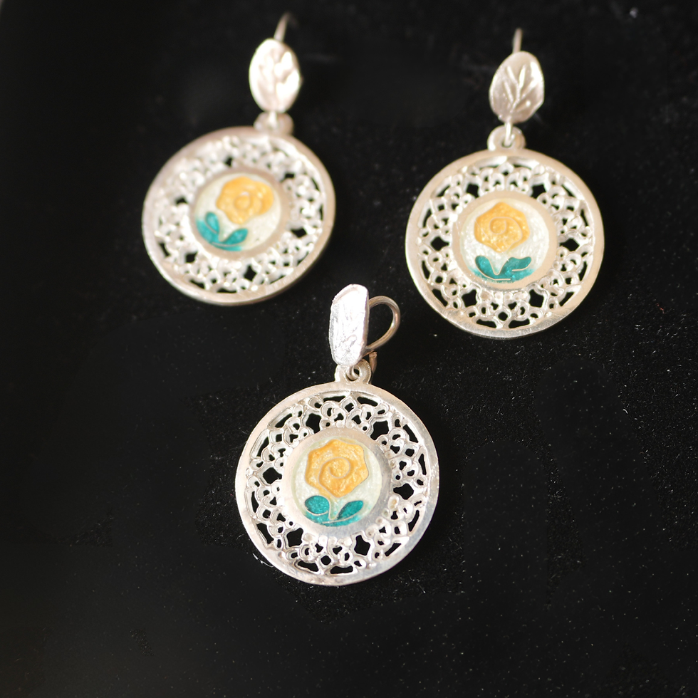 Handmade Cloisonne Enamel Dangle Earrings & Pendant. Fine Silver Jewelry Set.