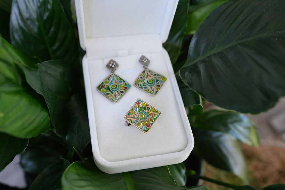 Sterling Silver Filigree Earrings and Ring Set, Handmade Enamel Jewelry, enamel set, cloisonne set, Silver Stained Glass Jewe