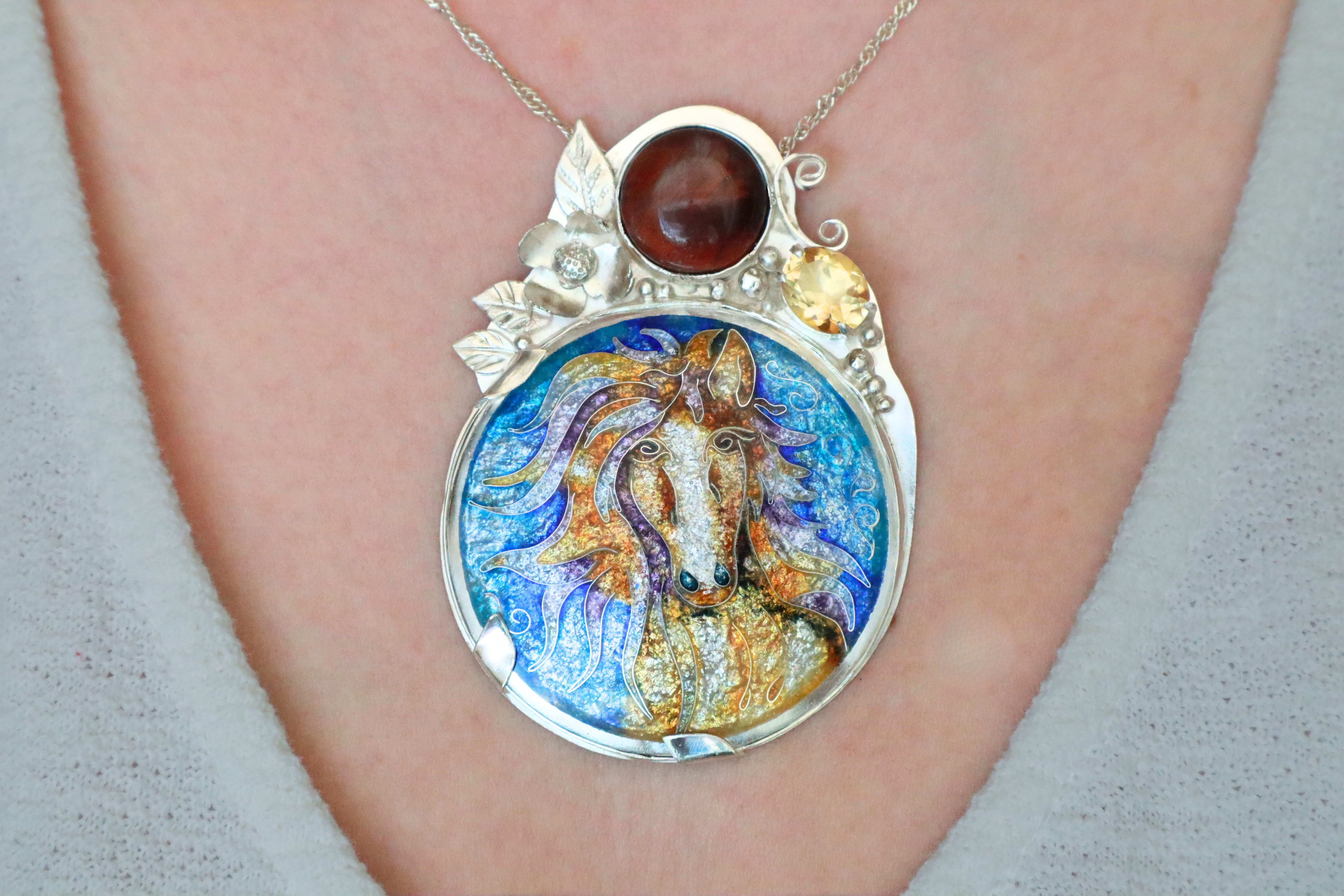 Georgian cloisonné enamel pendant / neckless with brown tiger's eye cabochon and yellow quartz. Sterling silver 925. (Fine si