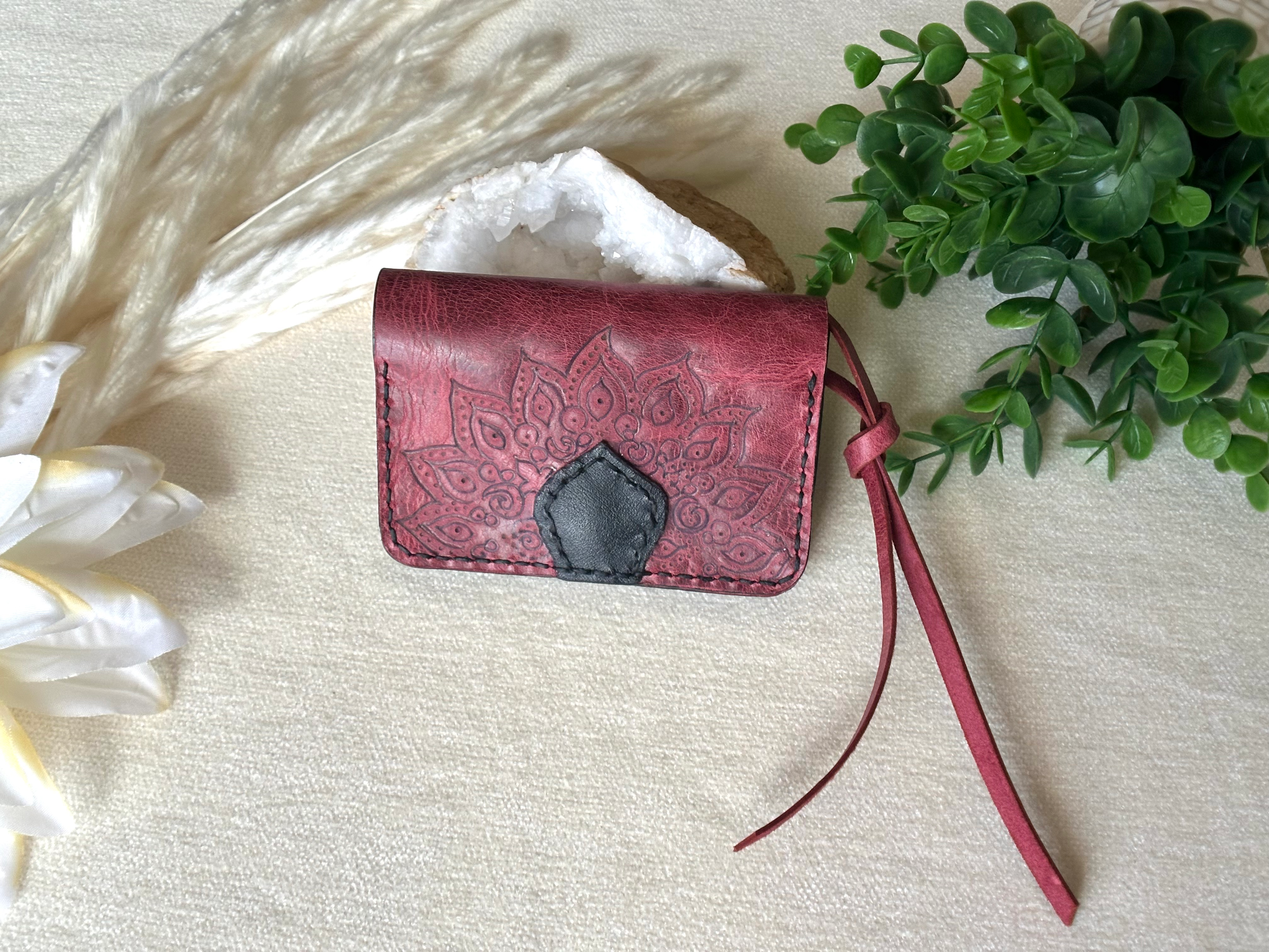 Red genuine full graing small hand engraved leather wallet. mandala design