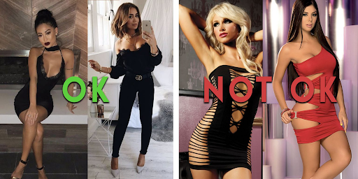 Examples of appropriate dress code for ladies; OK (semi-formal attire, heels with straps), NOT OK (excessive amount of cutouts in dress)