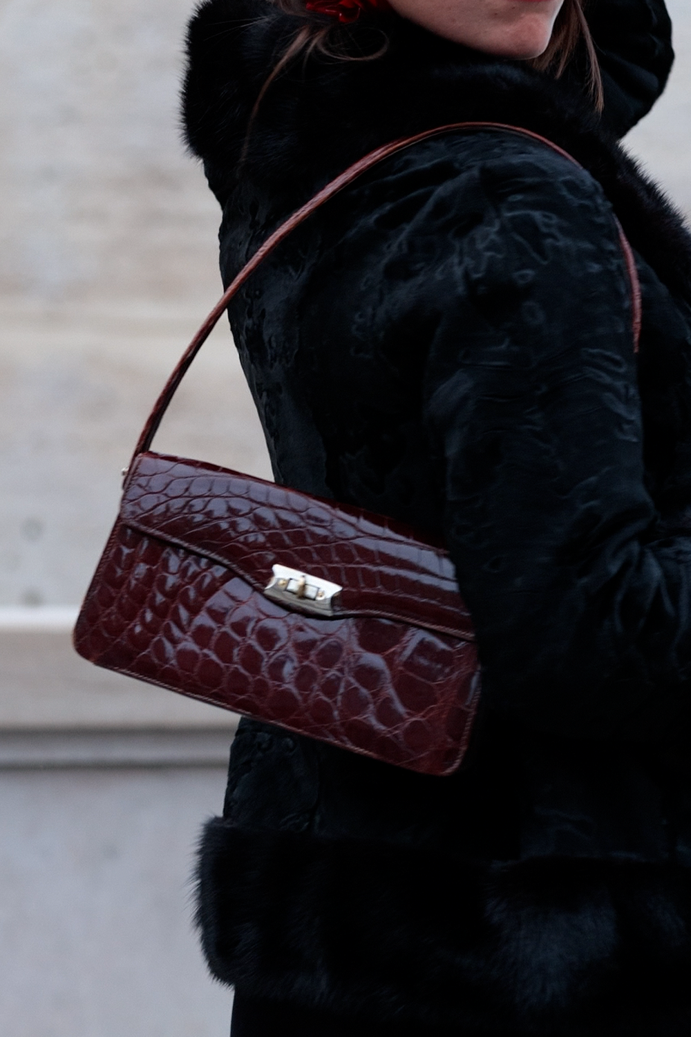 Burgundy Croc-embossed Bag