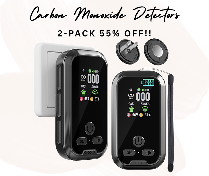 2 Packs, Plug-in Carbon Monoxide Detector, 5-in-1, with HD Display, 3Icons, for Gas, CO, Smoke, Display Temperature, Humidity, 100dB Alarm,Built-in Battery for Portable Use, Display Power Level,Black