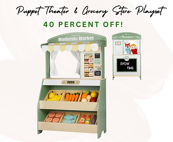 DREAM BUILDING Kids Grocery Store Pretend Play, Puppet Theater&Grocery Store Playset Toy Double-Sided, Toddler Supermarket Toy Cash Register w/Blackboard, Display Shelves, Gift for Boys Girls, Green