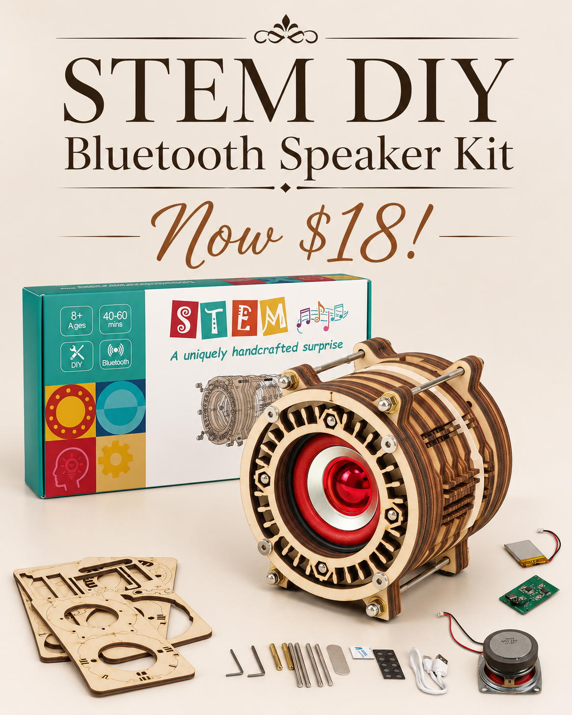STEM DIY Bluetooth Speaker Kit - STEM Engineering Toys for Kids Ages 8-16. Build Your Own Portable Speaker with Rechargeable Battery. Educational Birthday for Teens, Boys & Girls.(Red)