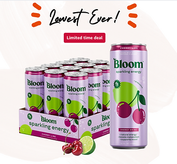 Bloom Nutrition Sparkling Energy Drink - Natural Caffeine, Zero Sugar, 180mg Caffeine - Antioxidant-Rich w/Green Coffee Bean, Green Tea Extract, Prebiotics - Cherry Lime - 12oz 12 pk