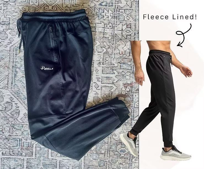 Pudolla Men's Fleece Lined Sweatpants with Zipper Pockets Winter Warm Water Resistant Athletic Pants for Workout Running(Black Small)