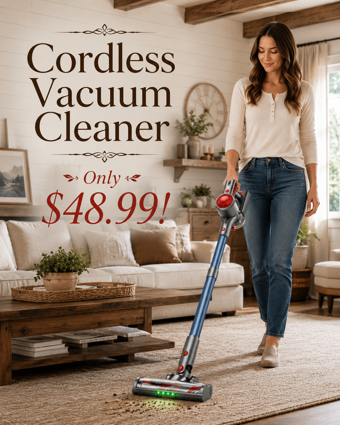 Honki Cordless Vacuum Cleaner, Powerful Stick Vacuum with Green Light Anti-Tangle Brush, Removable Battery, 6-in-1 Lightweight Handheld for Pet Hair, Carpet & Hard Floors, Red