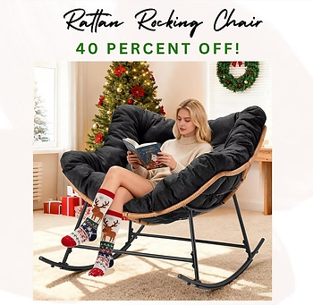 Youtanic Outdoor Rocking Chair, Oversized Papasan Reading Chair Indoor with Thick Cushion, Comfy Rattan Rocker Egg Chair for Patio, Garden, Balcony, Lawn, Backyard, Bedroom, up to 450lbs, Black