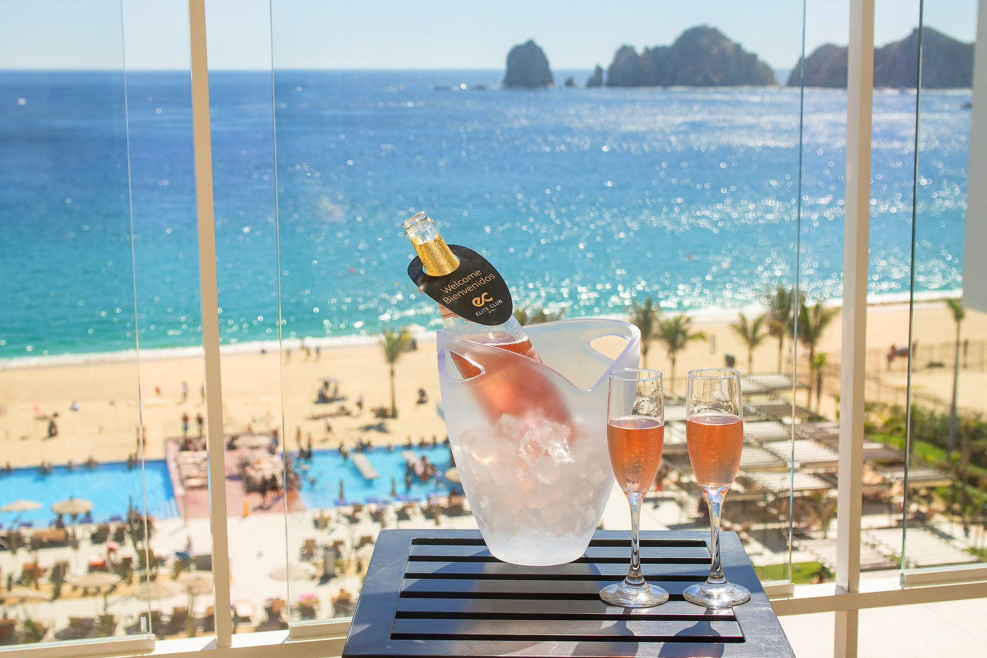 Bottle of wine with glasses and a view
