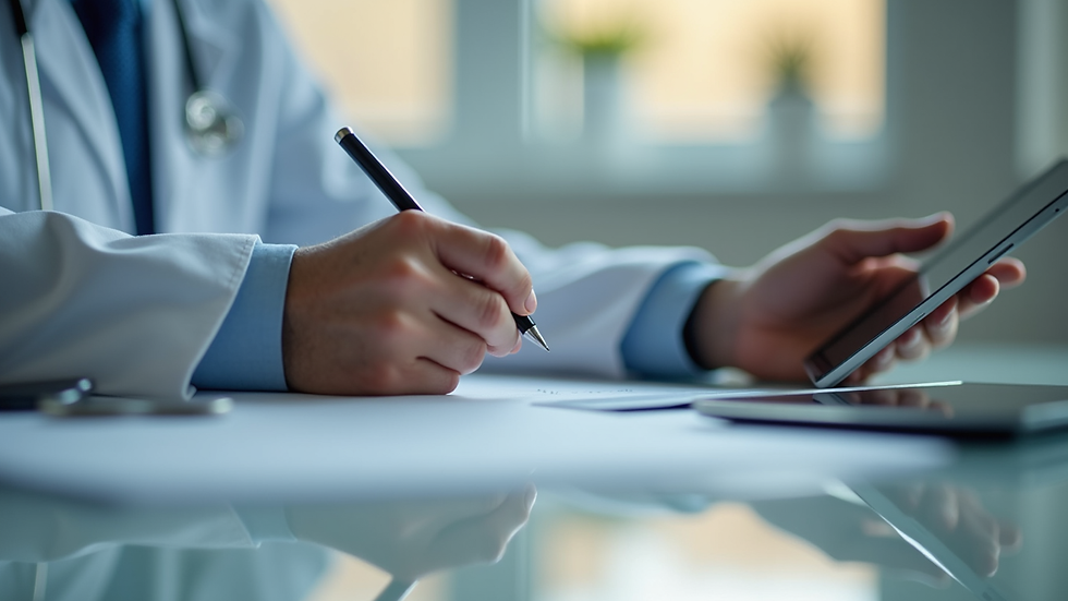 Close-up view of a doctor’s hand writing notes next to a tablet displaying an online course
