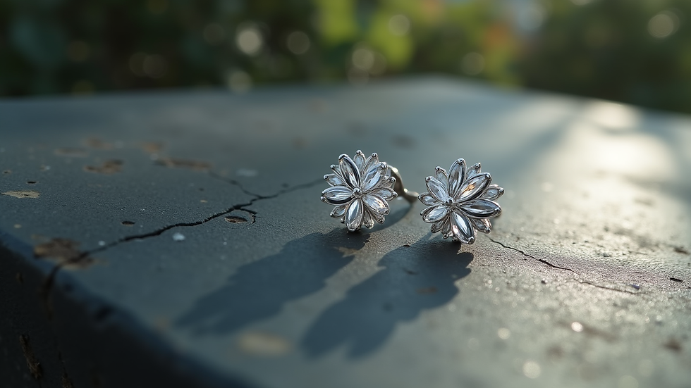 Eye-level view di orecchini pendenti in argento con design geometrico