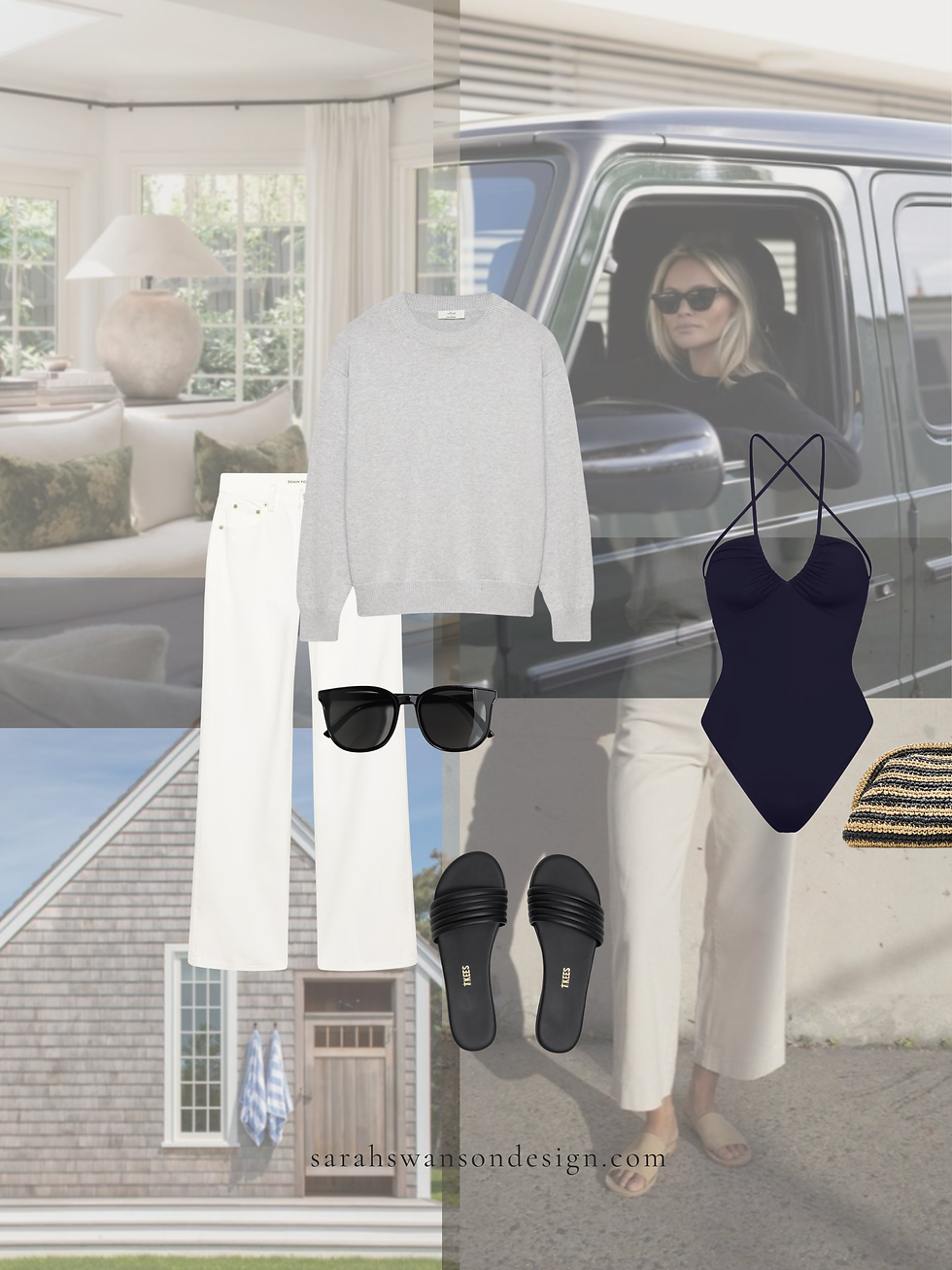Coastal lifestyle collage with soft neutral living room, shingle-style beach house exterior, and an effortless summer outfit including white denim, grey sweater, navy swimsuit, black sunglasses, slide sandals, and a woven straw hat.