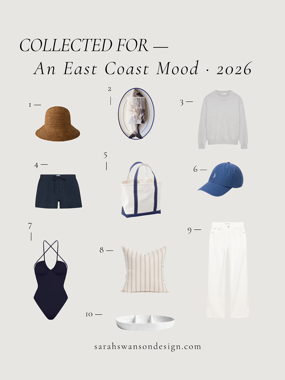 East Coast summer style shopping edit featuring a straw hat, grey knit sweater, navy shorts, canvas tote with navy trim, blue baseball cap, navy one-piece swimsuit, striped pillow, white denim, and a minimal serving dish on a soft neutral background.