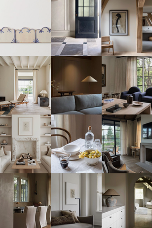 Virtual interior design mood board featuring layered neutral furnishings, European-inspired interiors, textured materials, sculptural lighting, and a warm, collected aesthetic.
