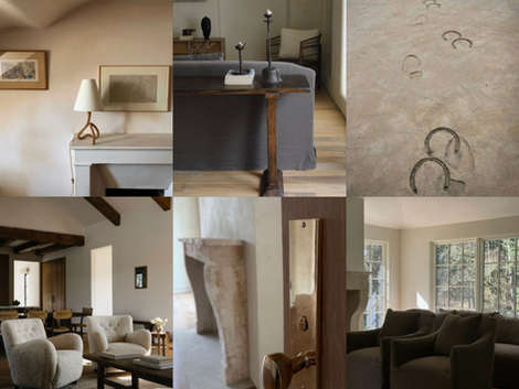 Modern heritage interior design moodboard with warm neutral tones, rustic wood, textured fabrics, western influences, and minimalist ranch style interiors